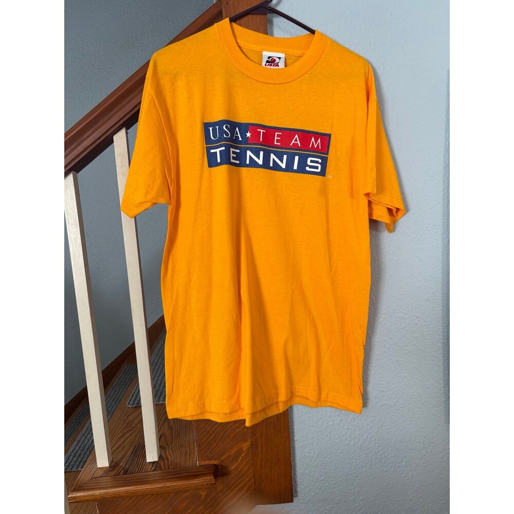 Vintage USA Team Tennis Shirt L yellow Graphic Logo Sport Y2k 90s USTA